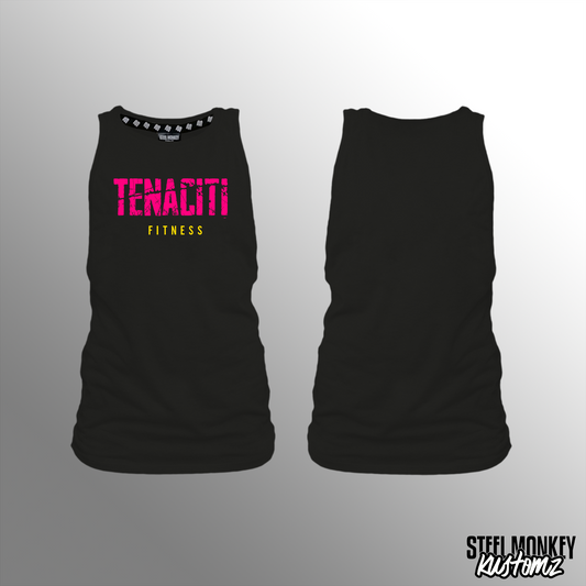 Tenaciti Fitness - Ladies - Muscle Tank - Black - Brushed Spandex (PINK WITH YELLOW)
