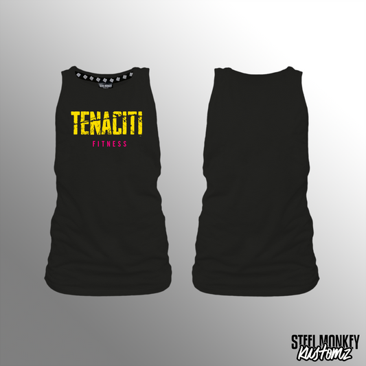 Tenaciti Fitness - Ladies - Muscle Tank - Black - Brushed Spandex (YELLOW WITH PINK)
