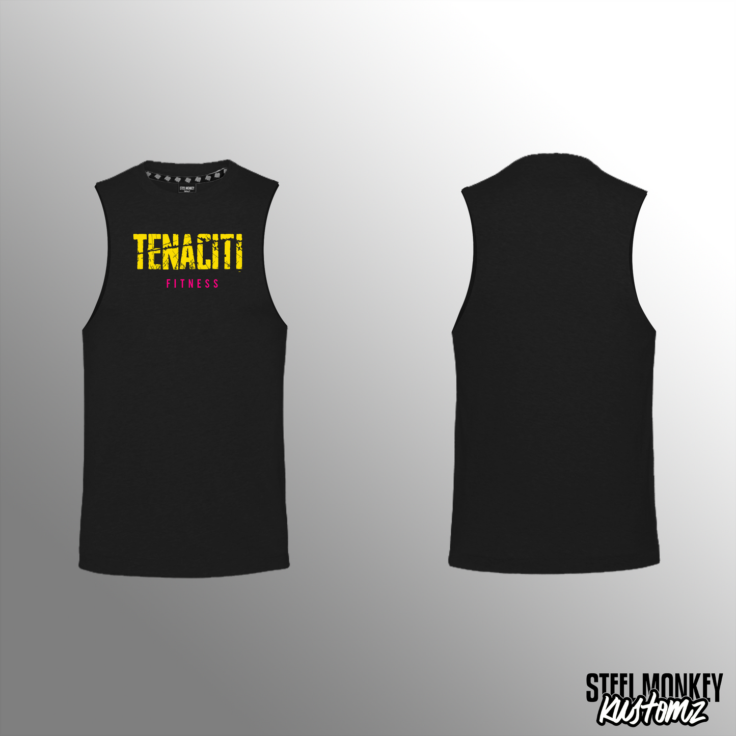 Tenaciti Fitness - Mens - Muscle Tank - Black - Brushed Spandex (YELLOW WITH PINK)