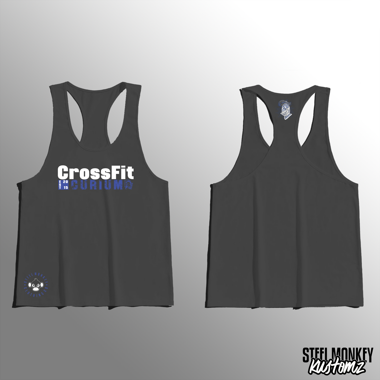 CrossFit Curium - Mens - Charcoal - Stringer Vest - White & Blue