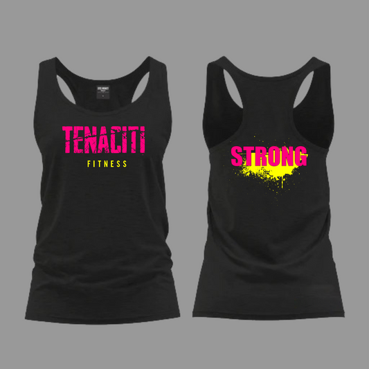 Tenaciti Fitness - Ladies Vest - Black - Brushed Spandex (PINK WITH YELLOW)