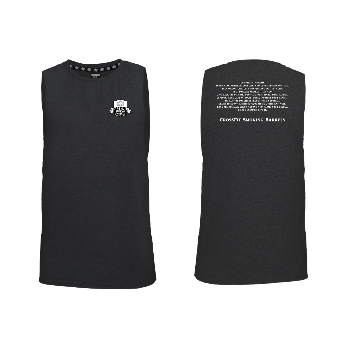 Smoking Barrels Ladies Muscle Tank White Pocket & Slogan - Black Melange